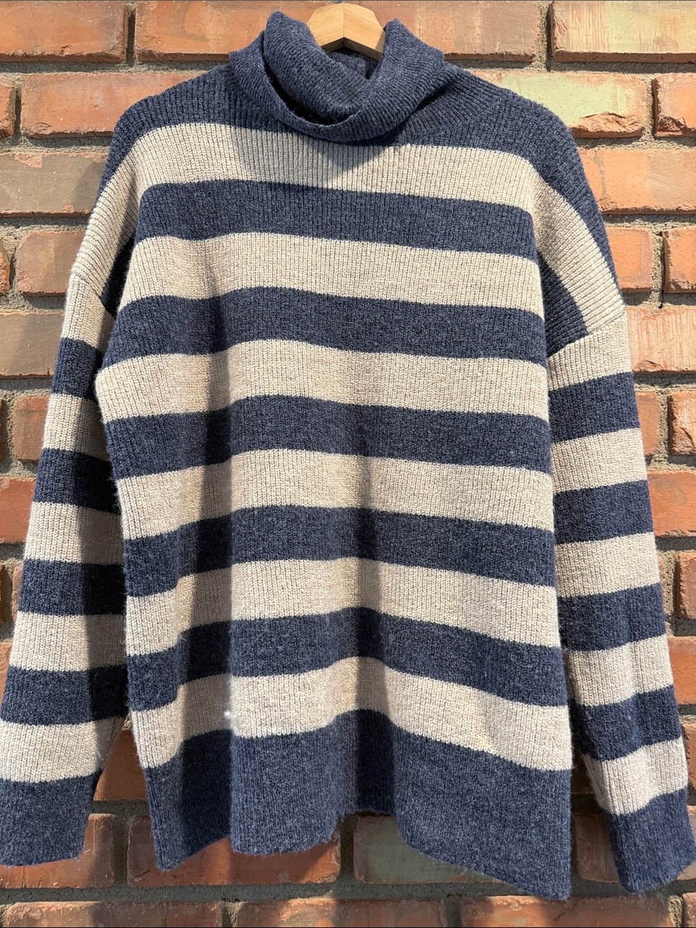 Women’s Striped Turtleneck Sweater in Navy and Cream